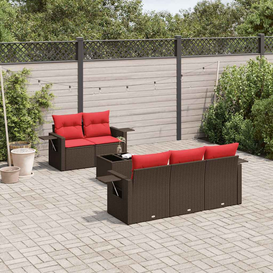 6-delige tuinbankset met kussens, bruin polyrotan