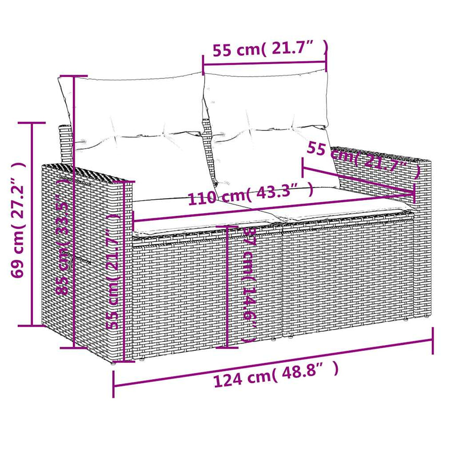 7-delige tuinbankset met kussens, grijs polyrotan