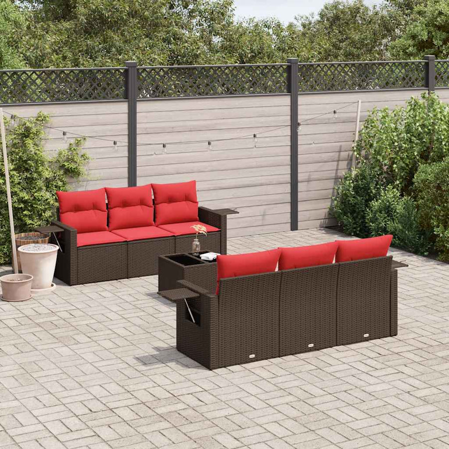 7-delige tuinbankset met kussens, bruin polyrotan