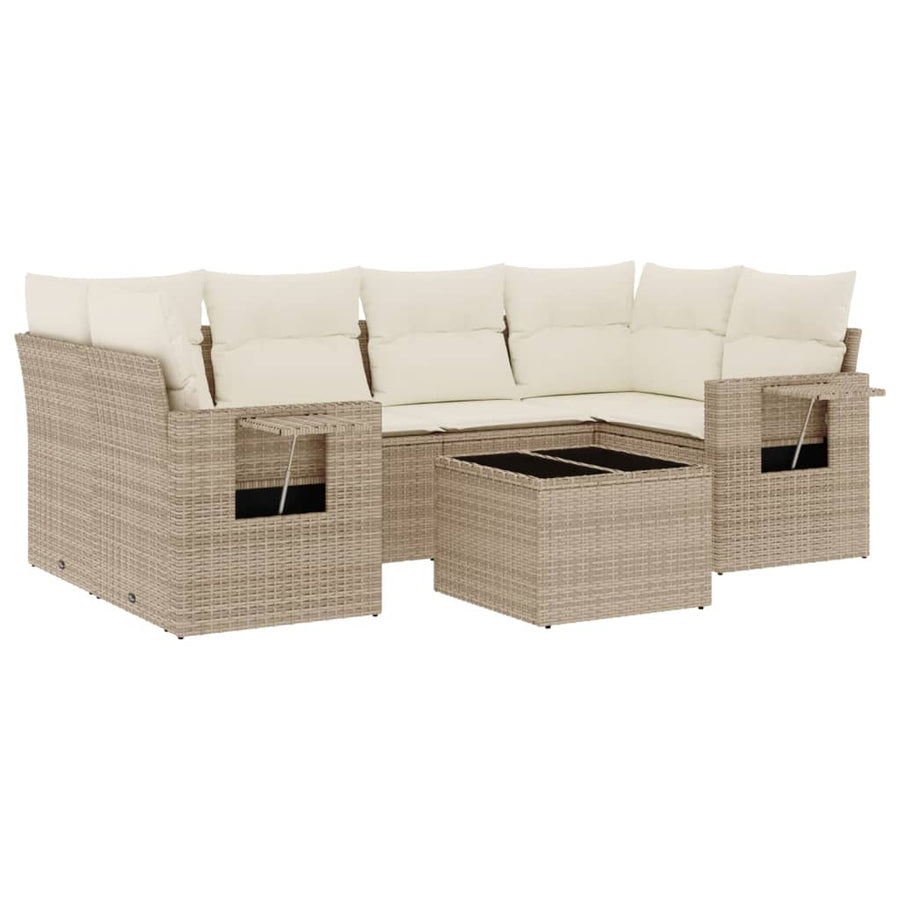 7-delige Loungeset met kussens poly rattan beige