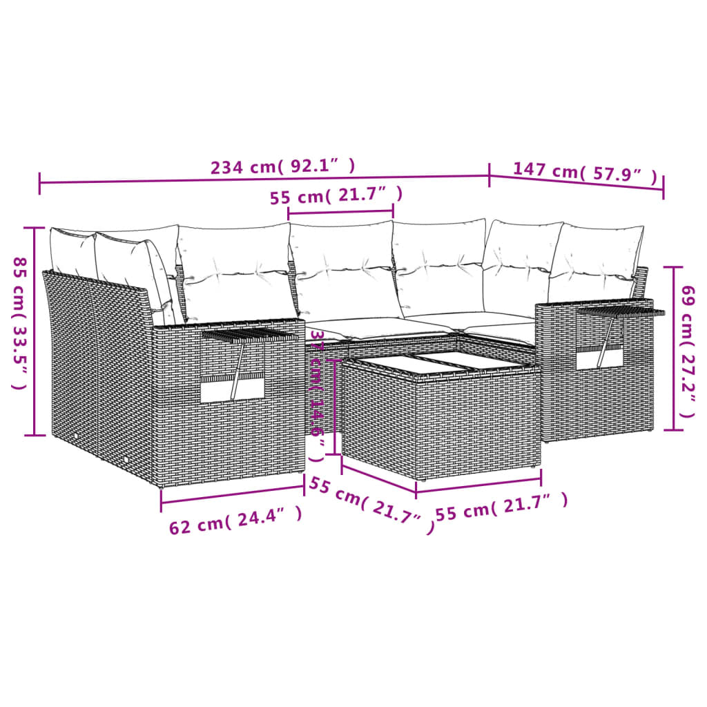 7-Delige Loungeset Met Kussens Poly Rattan Grijs