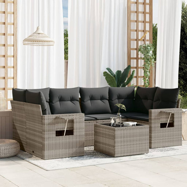 7-delige Loungeset met kussens poly rattan lichtgrijs