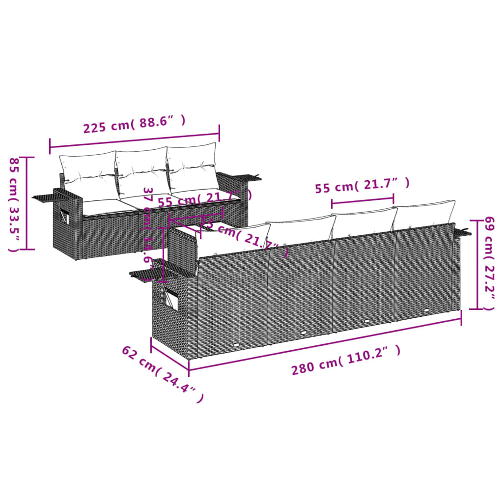 8-delige Loungeset met kussens poly rattan lichtgrijs