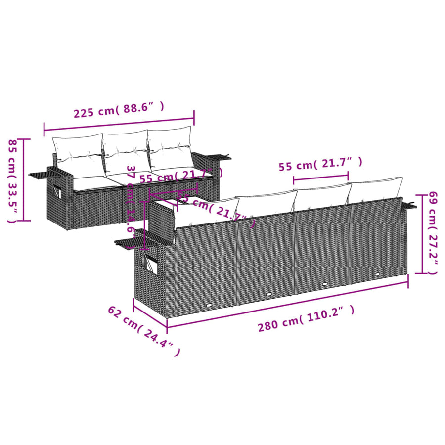8-delige Loungeset met kussens poly rattan lichtgrijs