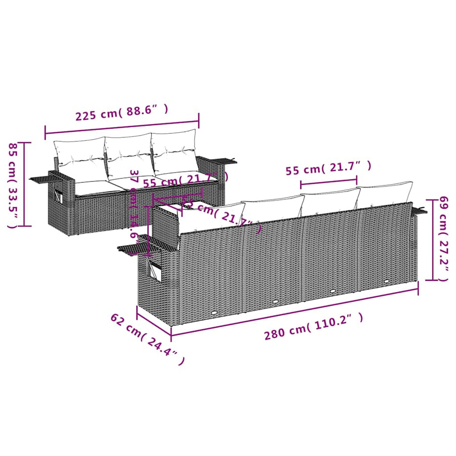8-delige tuinbankset met kussens, bruin polyrotan