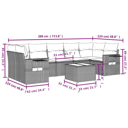 8-delige tuinbankset met kussens, zwart polyrotan
