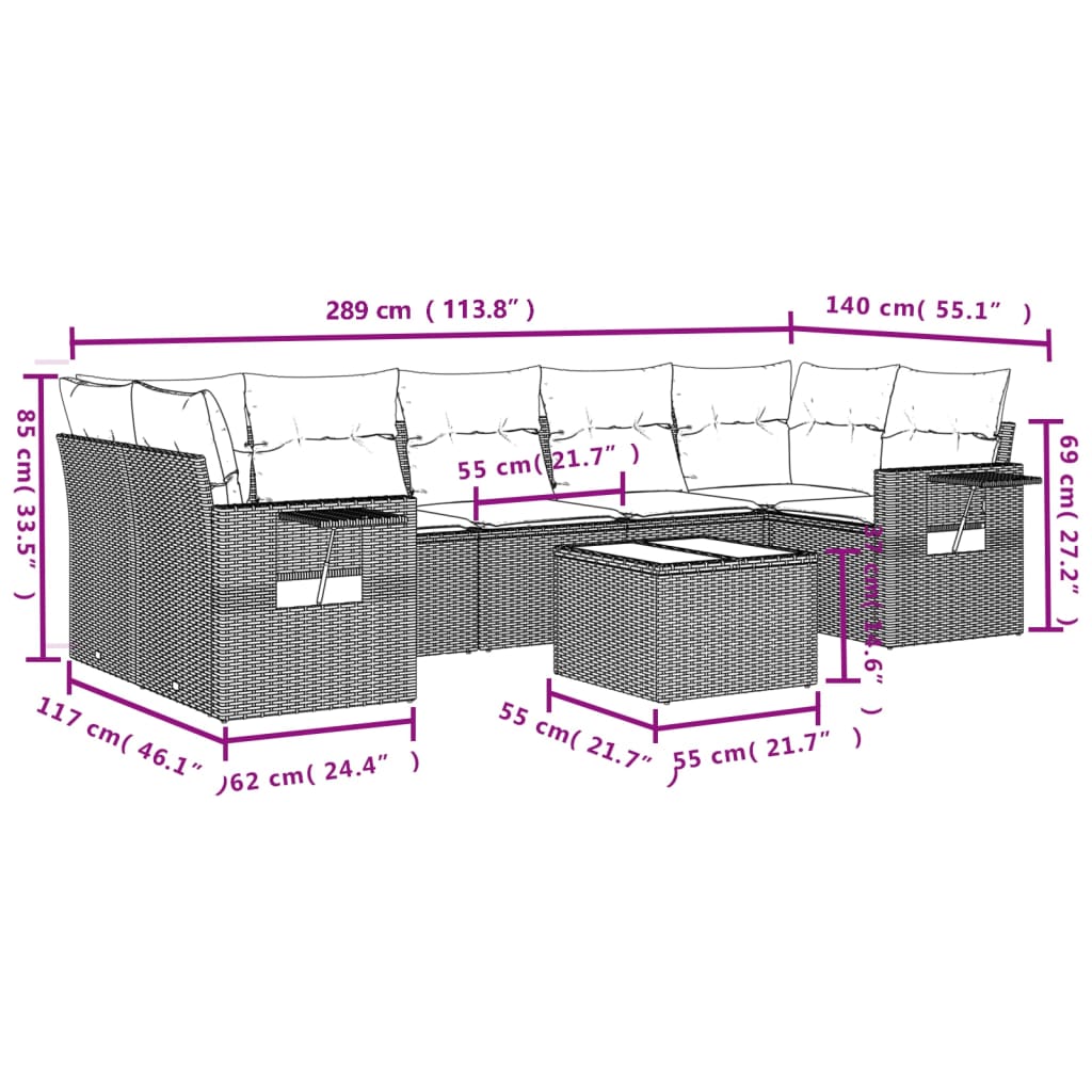 8-Delige Loungeset Met Kussens Poly Rattan Grijs