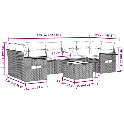 8-delige tuinbankset met kussens, grijs polyrotan