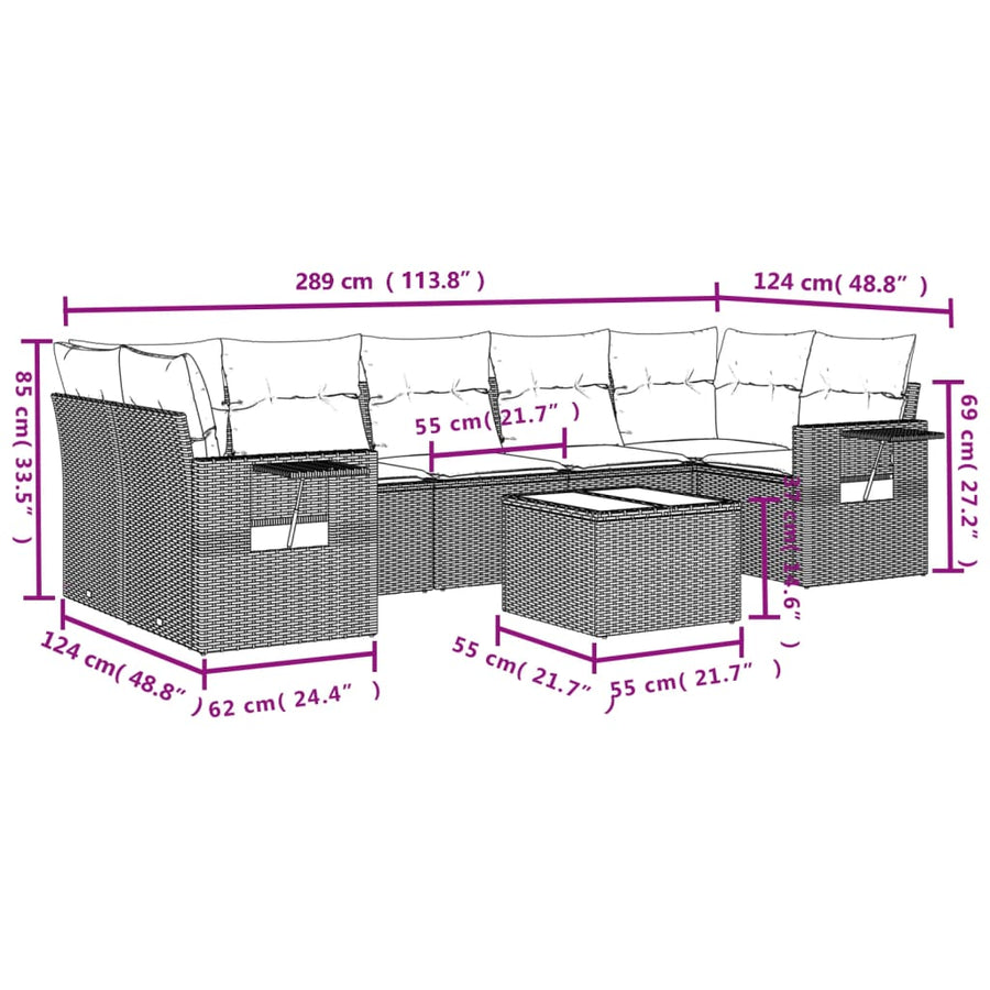 8-delige Loungeset met kussens poly rattan lichtgrijs