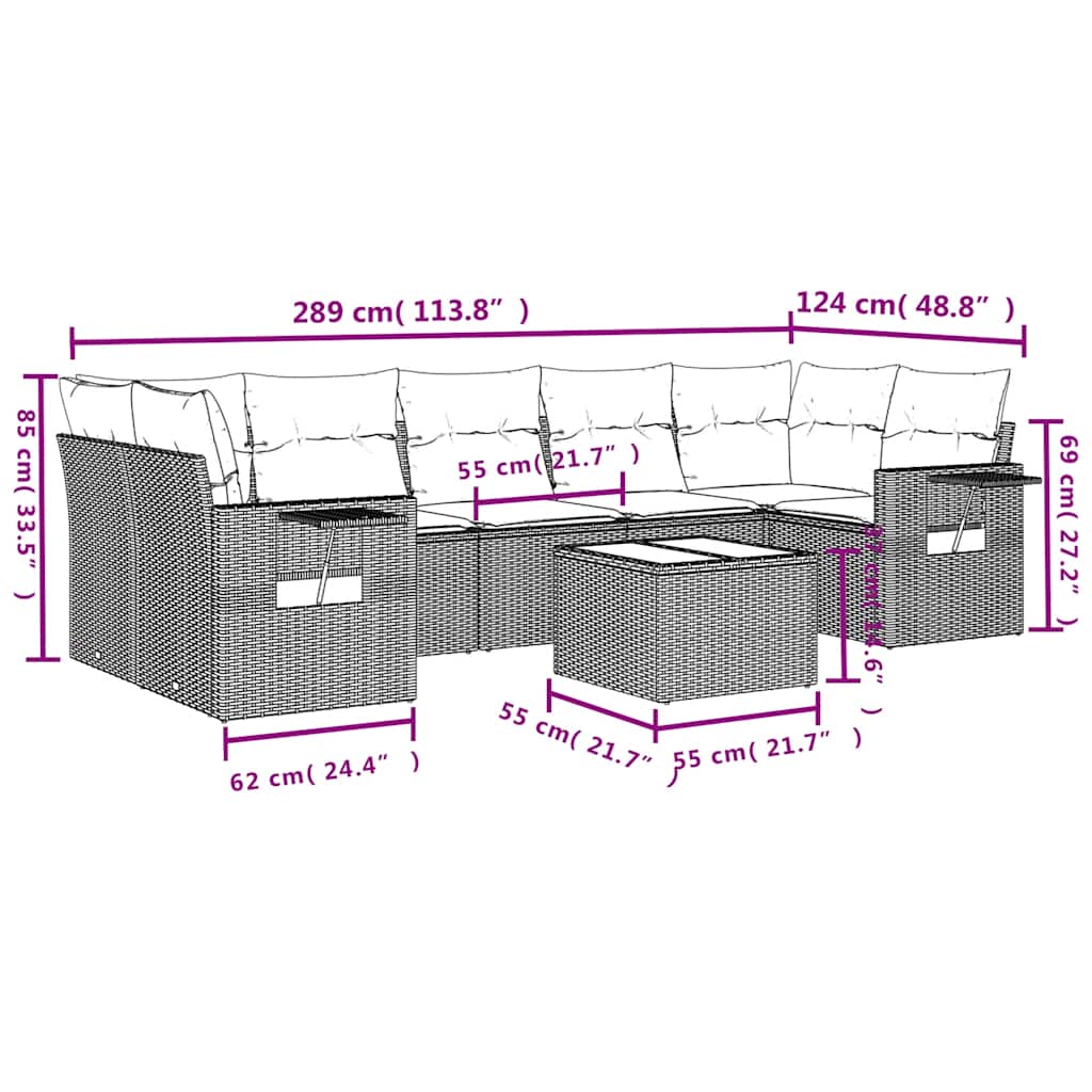 8-delige tuinbankset met kussens, bruin polyrotan