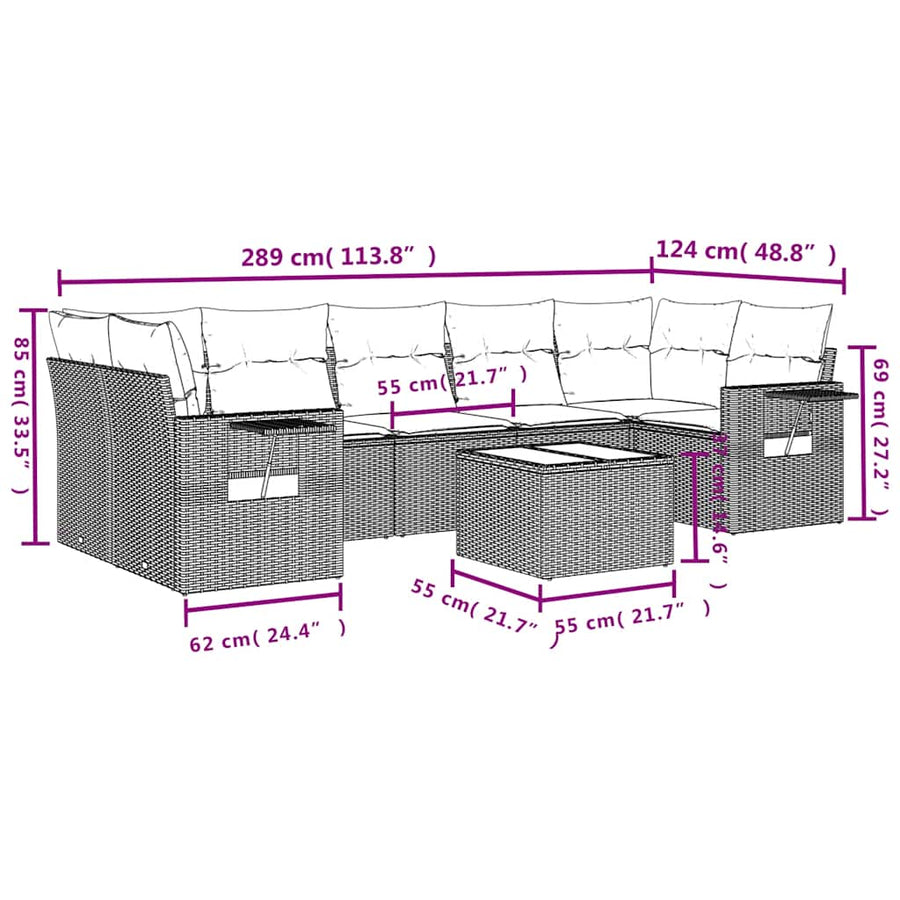 8-delige tuinbankset met kussens, bruin polyrotan