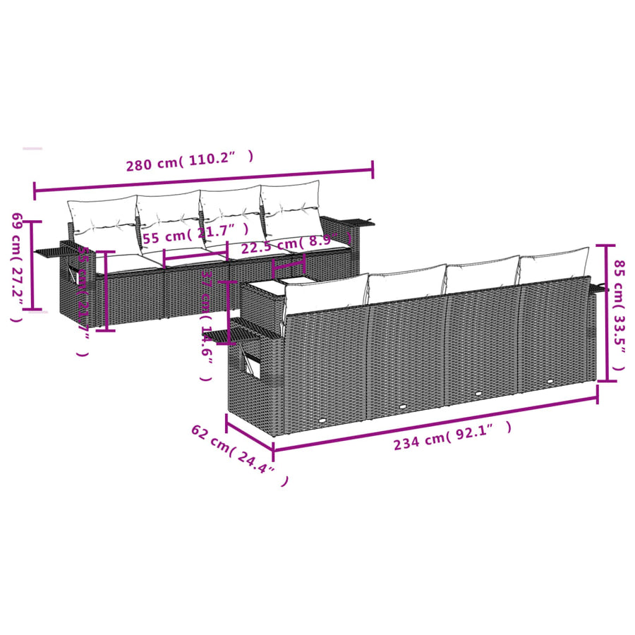 9-Delige Loungeset Met Kussens Poly Rattan Zwart