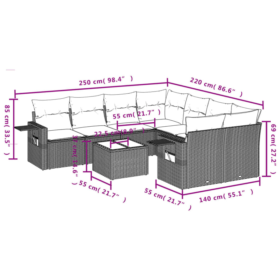 9-Delige Loungeset Met Kussens Poly Rattan Zwart