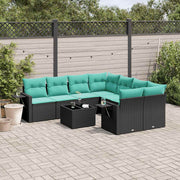 Tuinbankset 9-delig polyrotan zwart met kussens
