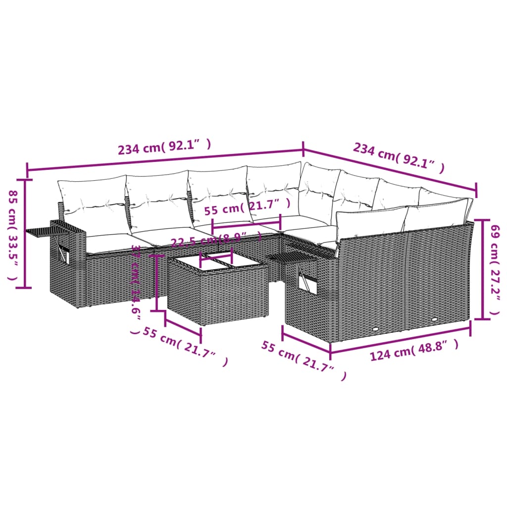 9-delige Loungeset met kussens poly rattan lichtgrijs