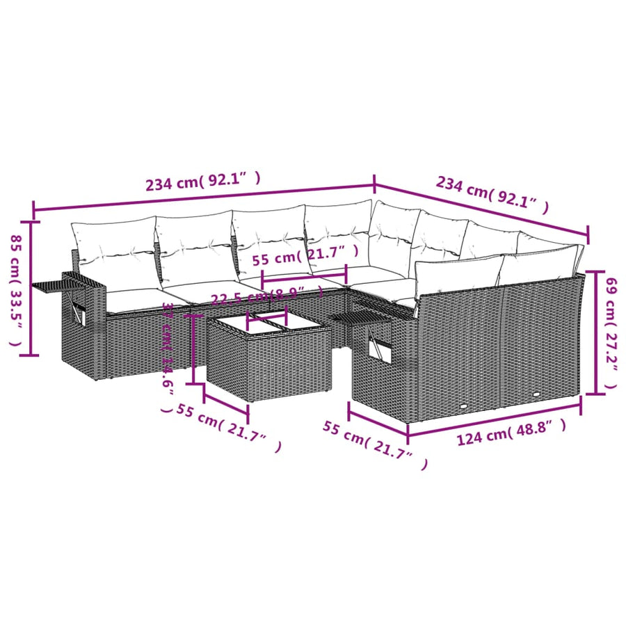 9-delige Loungeset met kussens poly rattan lichtgrijs