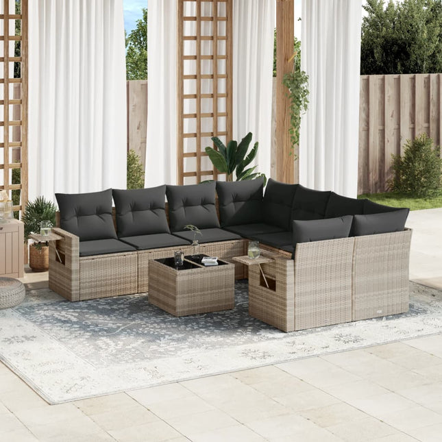 9-delige Loungeset met kussens poly rattan lichtgrijs