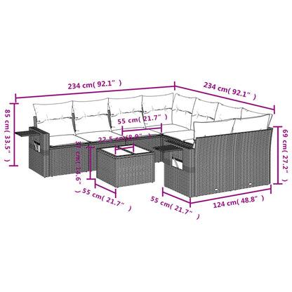 9-delige Loungeset met kussens poly rattan bruin