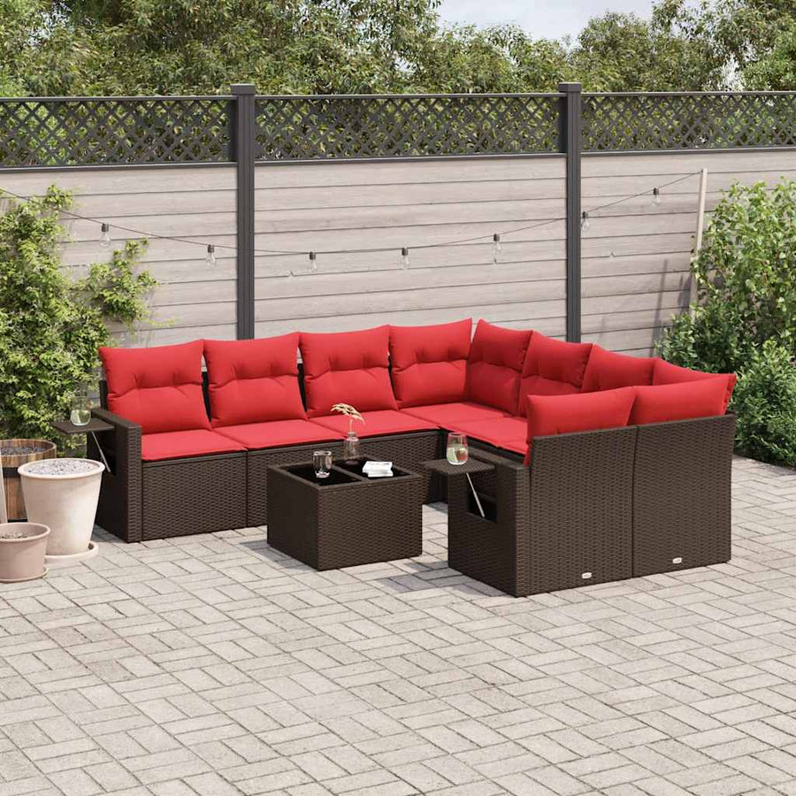 9-delige tuinbankset met kussens, bruin polyrotan