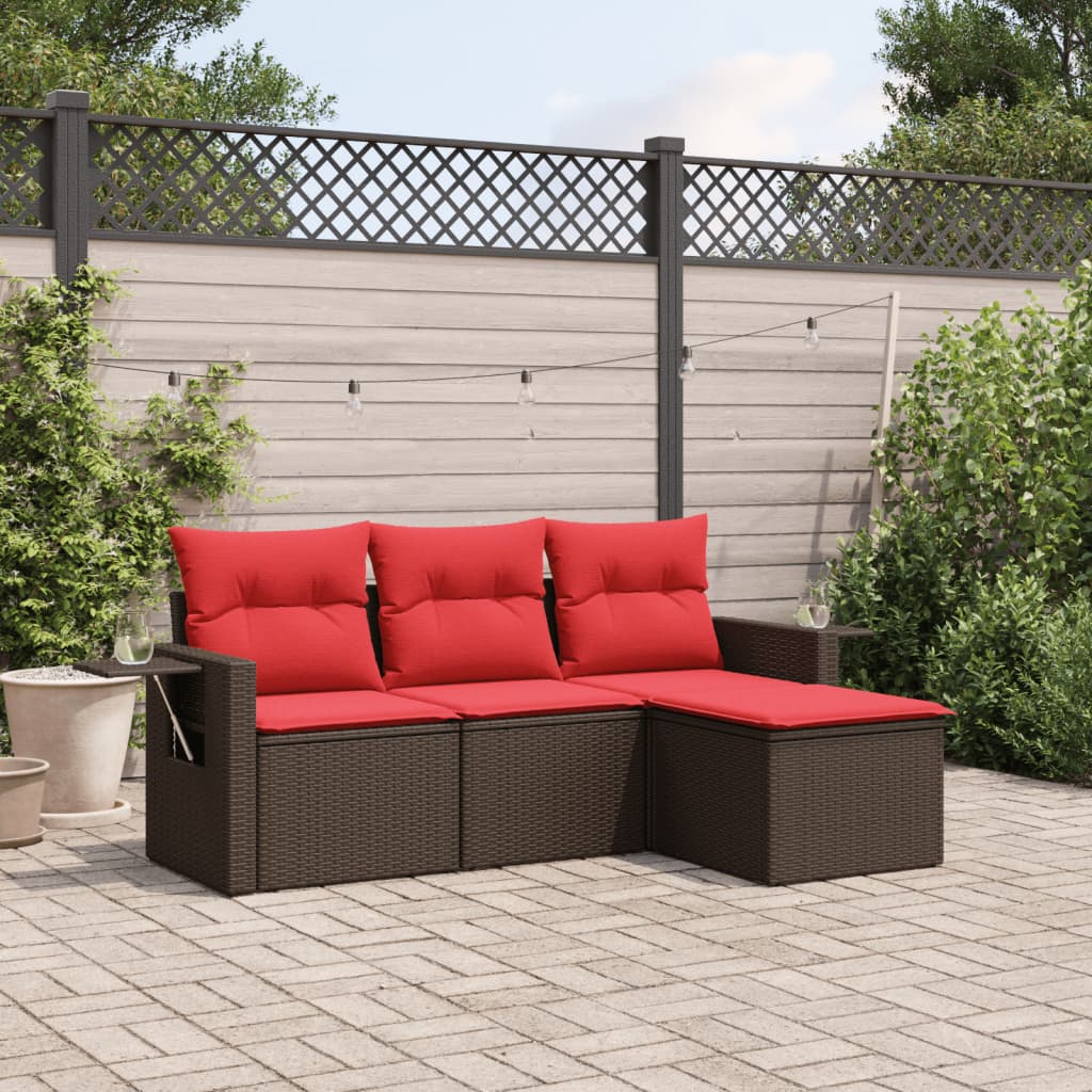 4-delige tuinbankset met kussens, bruin polyrotan