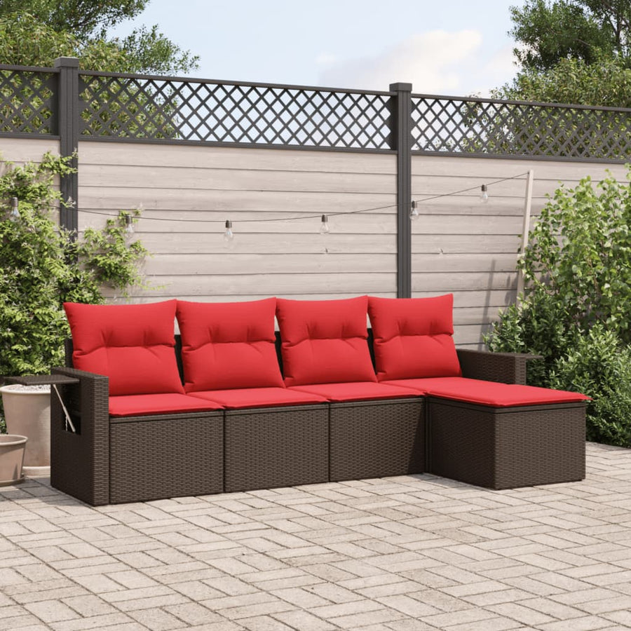 5-delige tuinbankset met kussens, bruin polyrotan