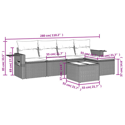 6-delige tuinbankset met kussens, grijs polyrotan