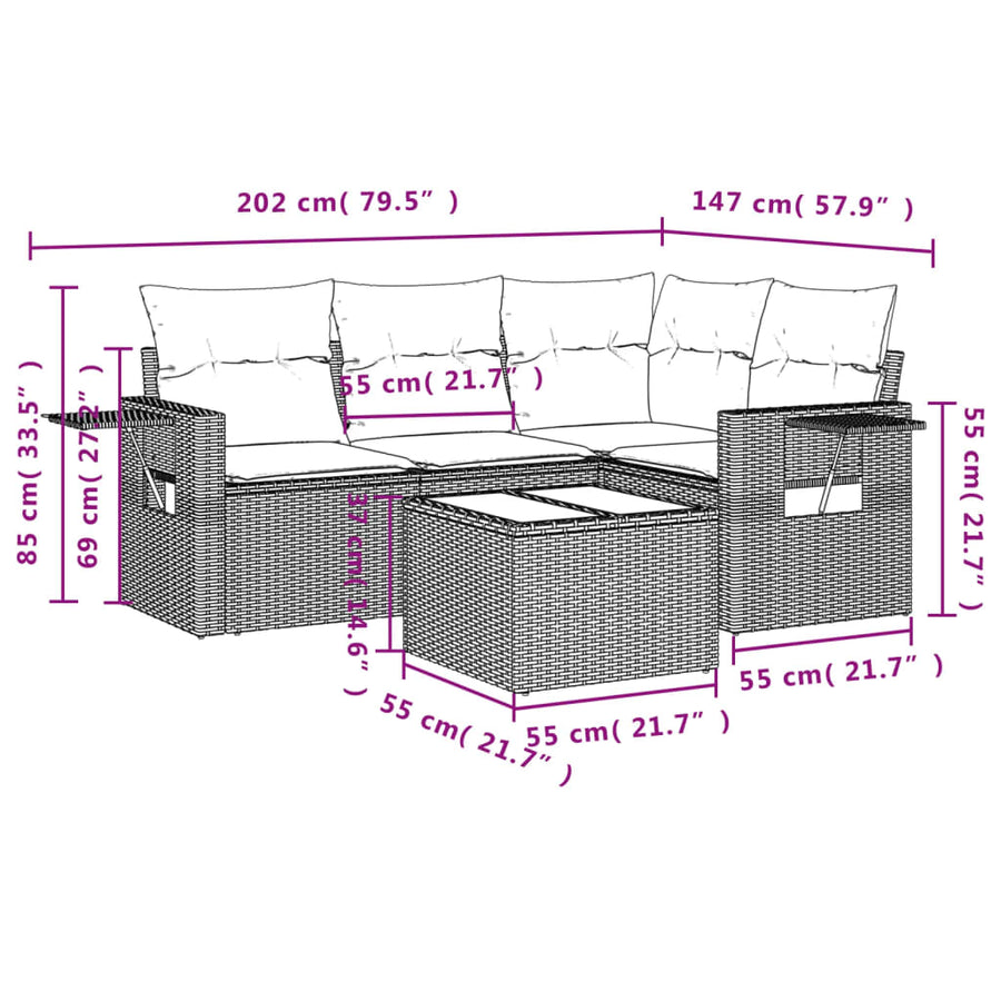 5-delige Loungeset met kussens poly rattan lichtgrijs