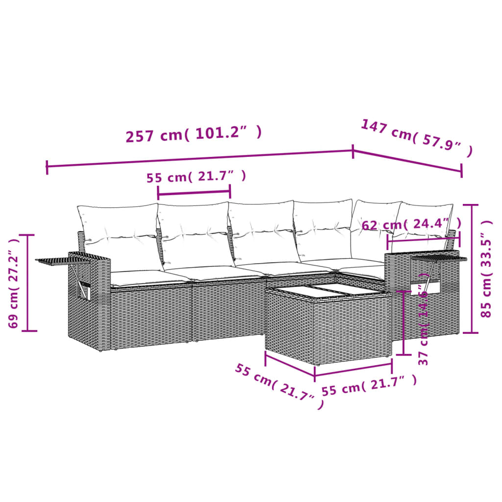 6-delige tuinbankset met kussens van zwart polyrotan