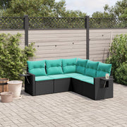 Tuinbankset 5-delig polyrotan zwart met kussens