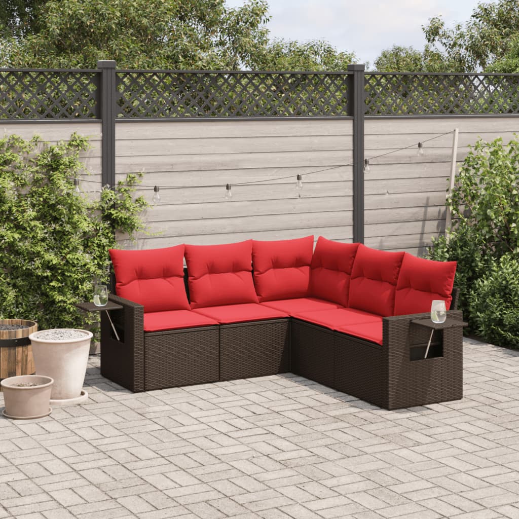 5-delige tuinbankset met kussens, bruin polyrotan