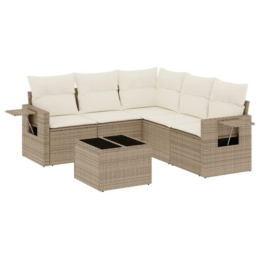 6-delige Loungeset met kussens poly rattan beige