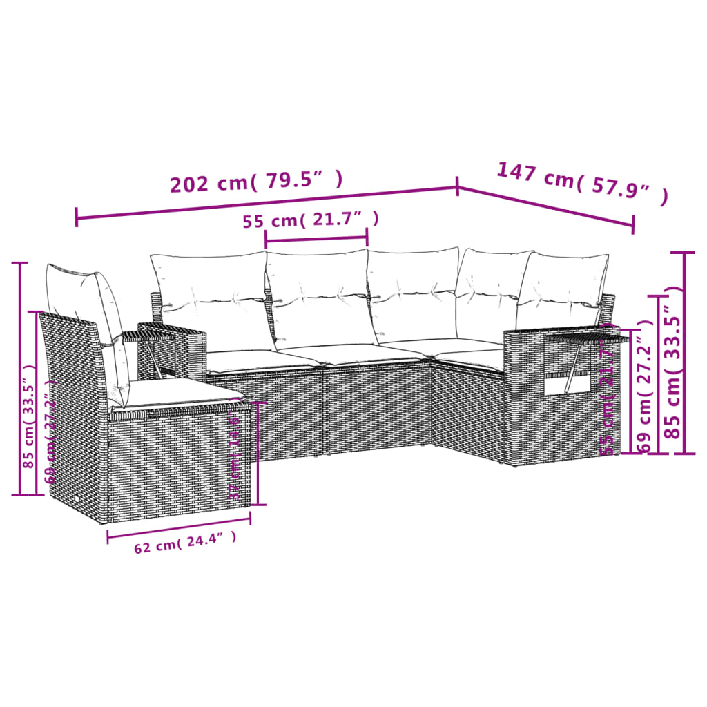 5-Delige Loungeset Met Kussens Poly Rattan Bruin