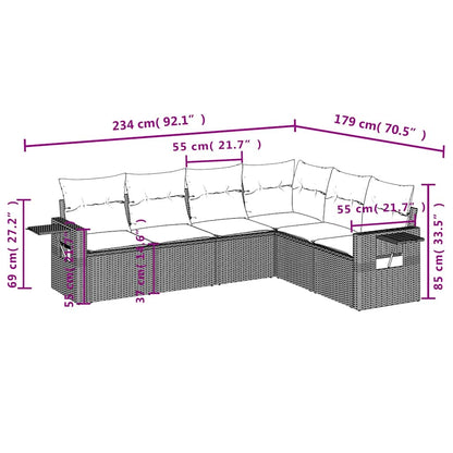 6-delige tuinbankset met kussens, grijs polyrotan