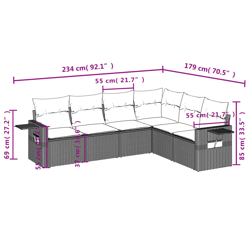 7-delige Loungeset met kussens poly rattan lichtgrijs