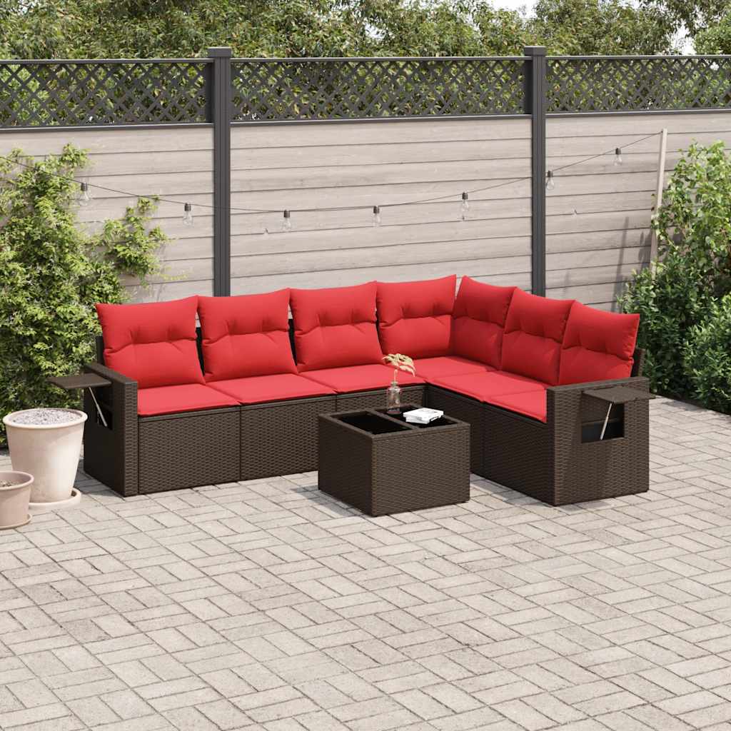 7-delige tuinbankset met kussens, bruin polyrotan