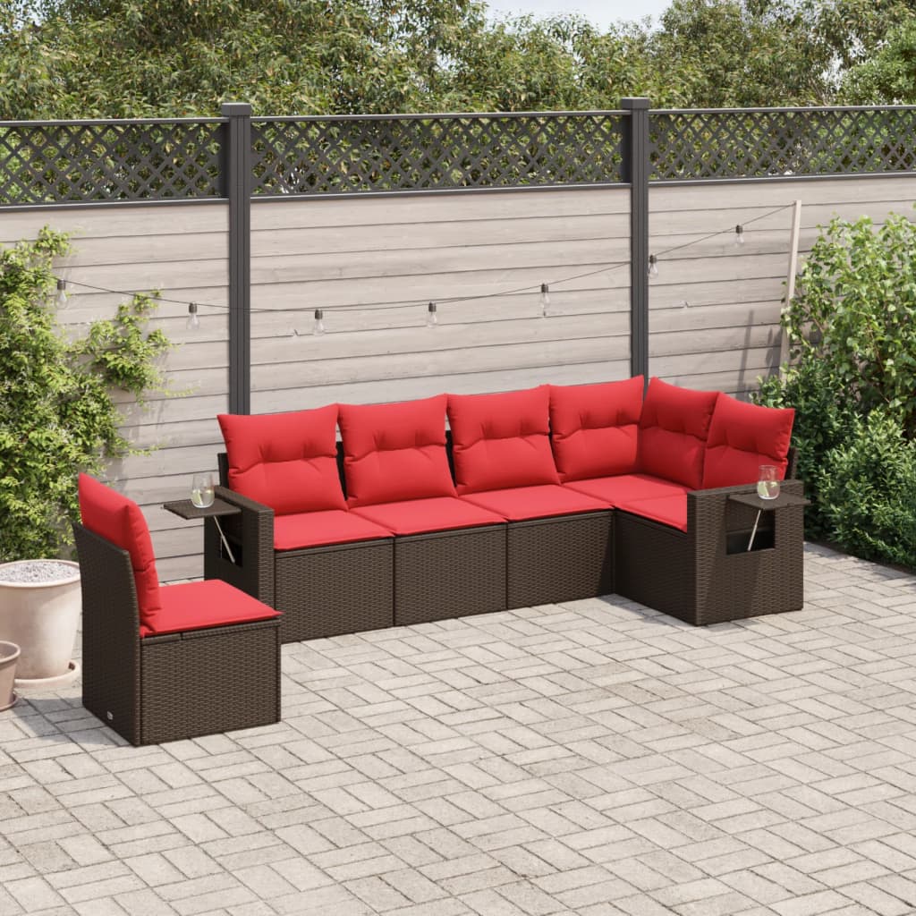 6-delige tuinbankset met kussens, bruin polyrotan