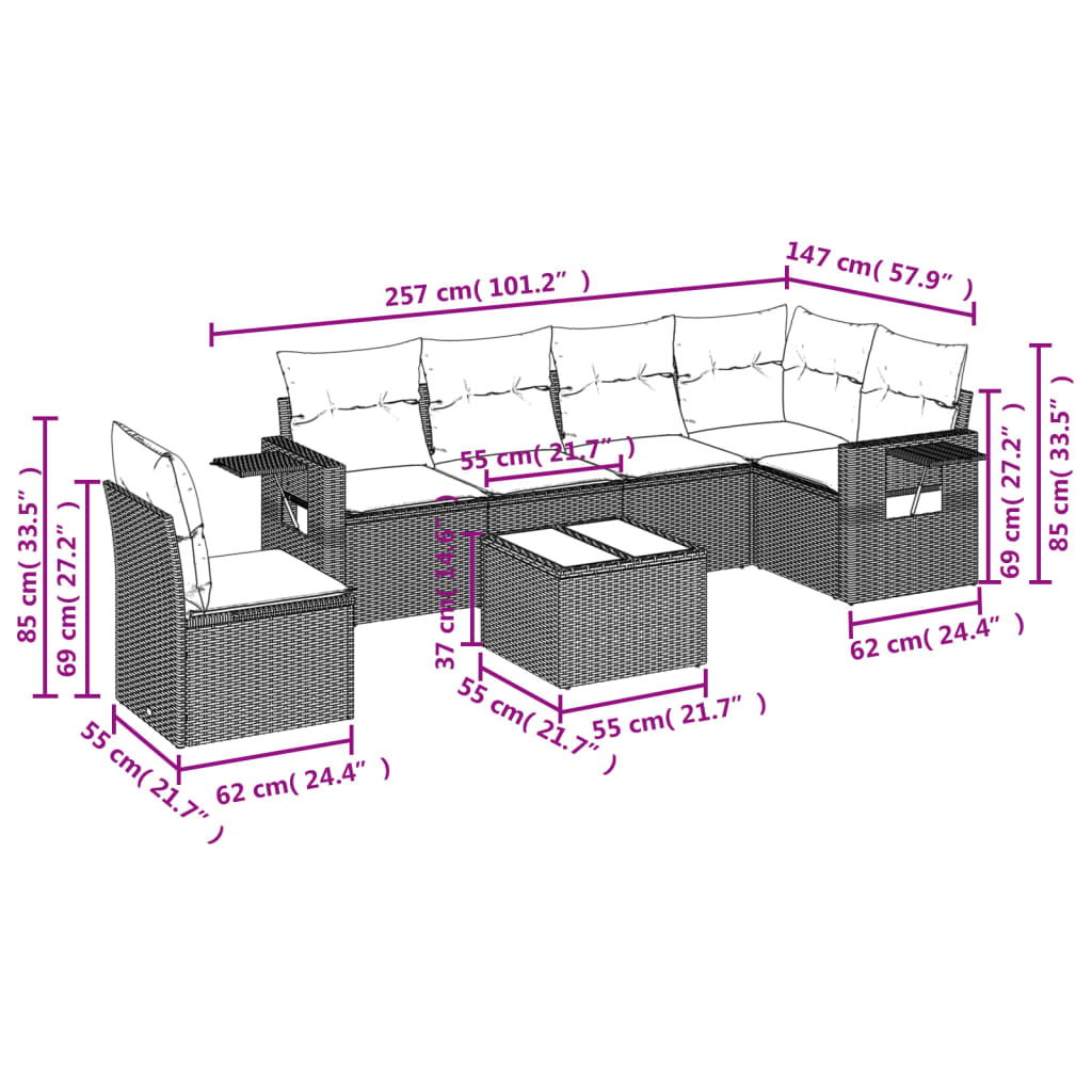 7-Delige Loungeset Met Kussens Poly Rattan Grijs