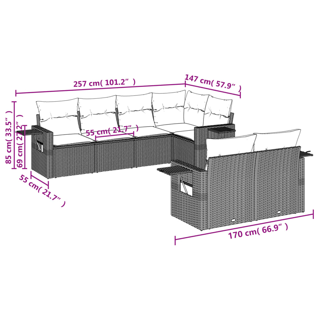7-delige Loungeset met kussens poly rattan beige