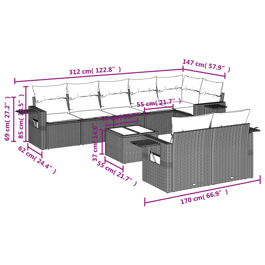9-Delige Loungeset Met Kussens Poly Rattan Zwart