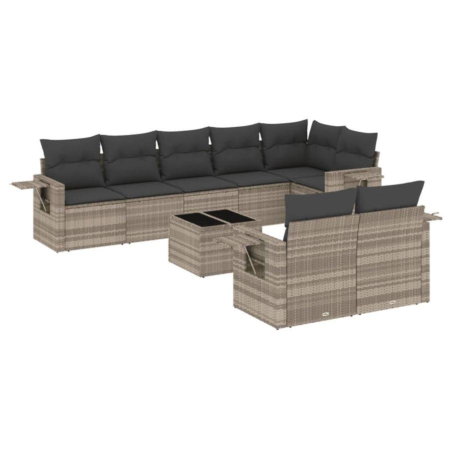 9-delige Loungeset met kussens poly rattan lichtgrijs