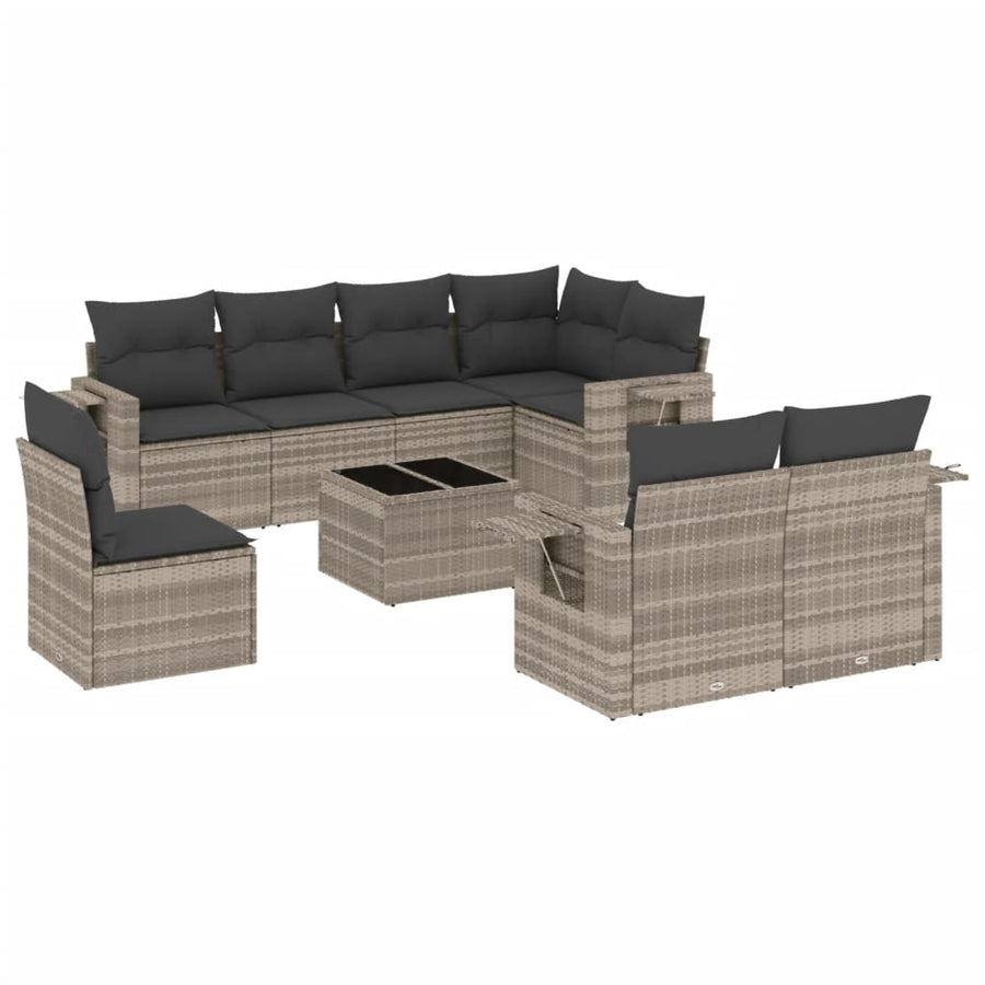 9-delige Loungeset met kussens poly rattan lichtgrijs