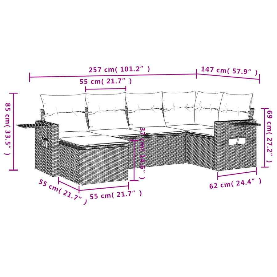 6-Delige Loungeset Met Kussens Poly Rattan Beige