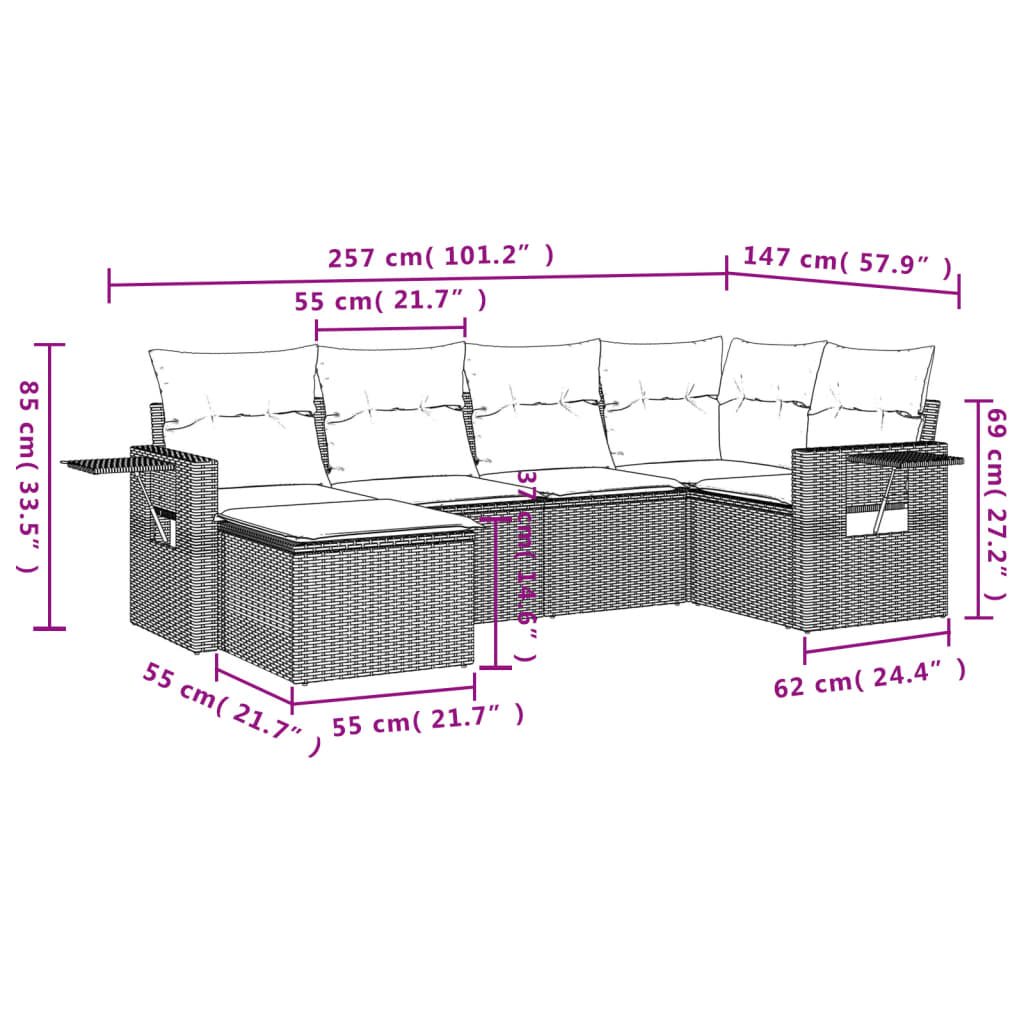 6-Delige Loungeset Met Kussens Poly Rattan Grijs