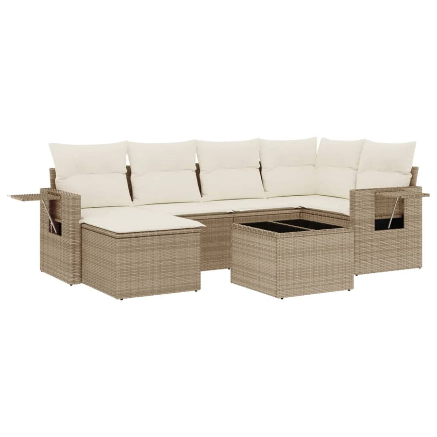 7-delige Loungeset met kussens poly rattan beige