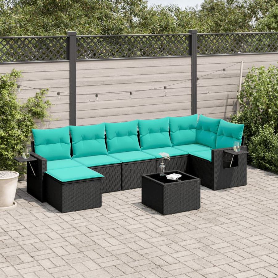 8-delige tuinbankset met kussens, zwart polyrotan