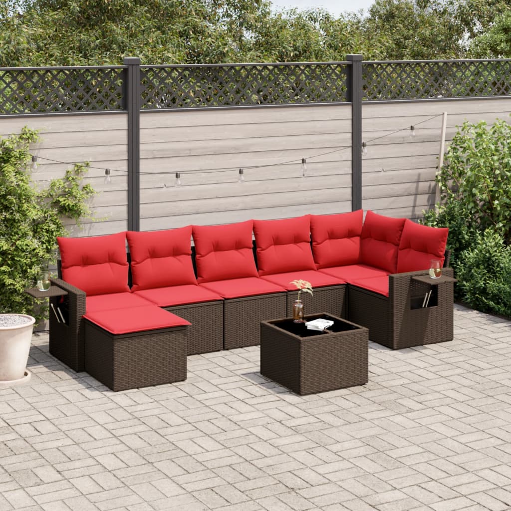 8-delige tuinbankset met kussens, bruin polyrotan