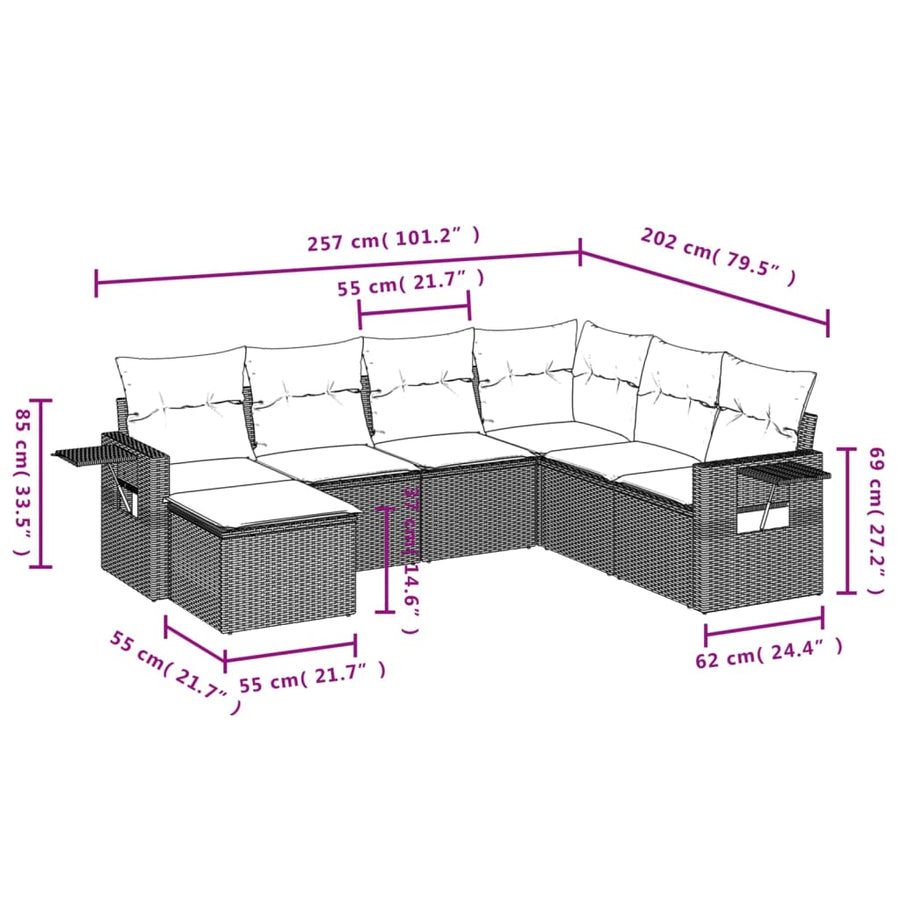 7-delige Loungeset met kussens poly rattan lichtgrijs