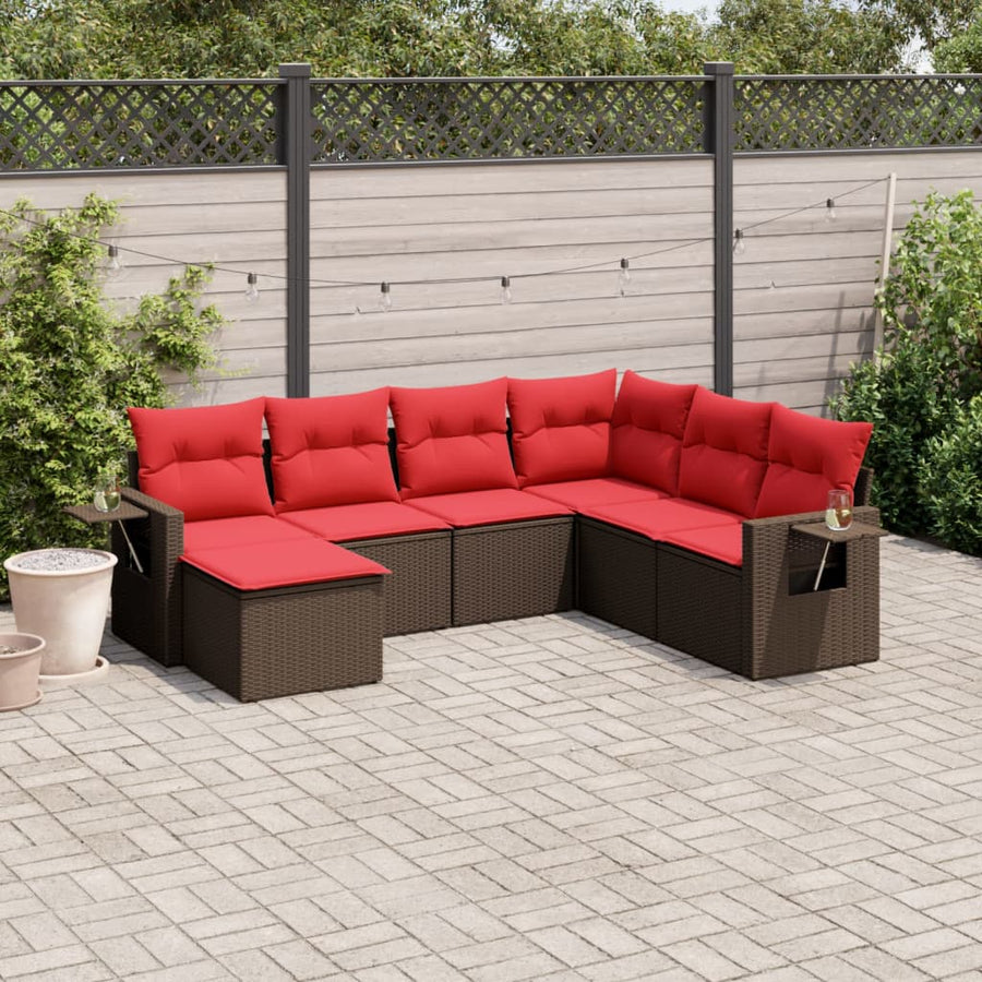 7-delige tuinbankset met kussens, bruin polyrotan