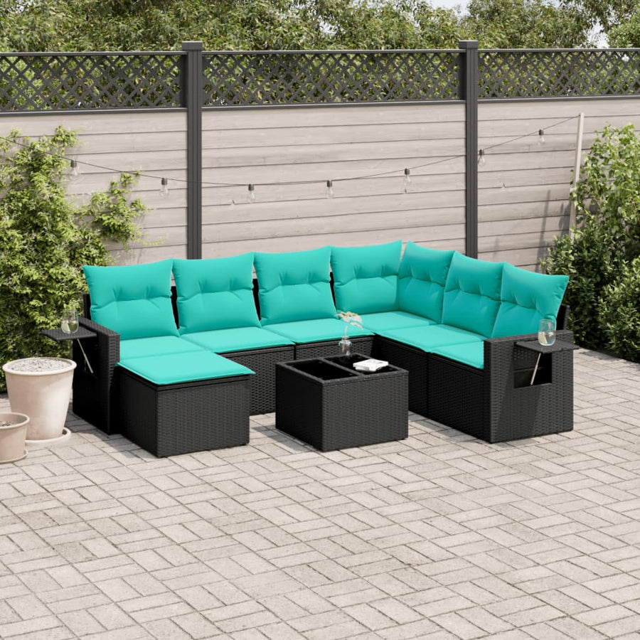 8-delige tuinbankset met kussens, zwart polyrotan