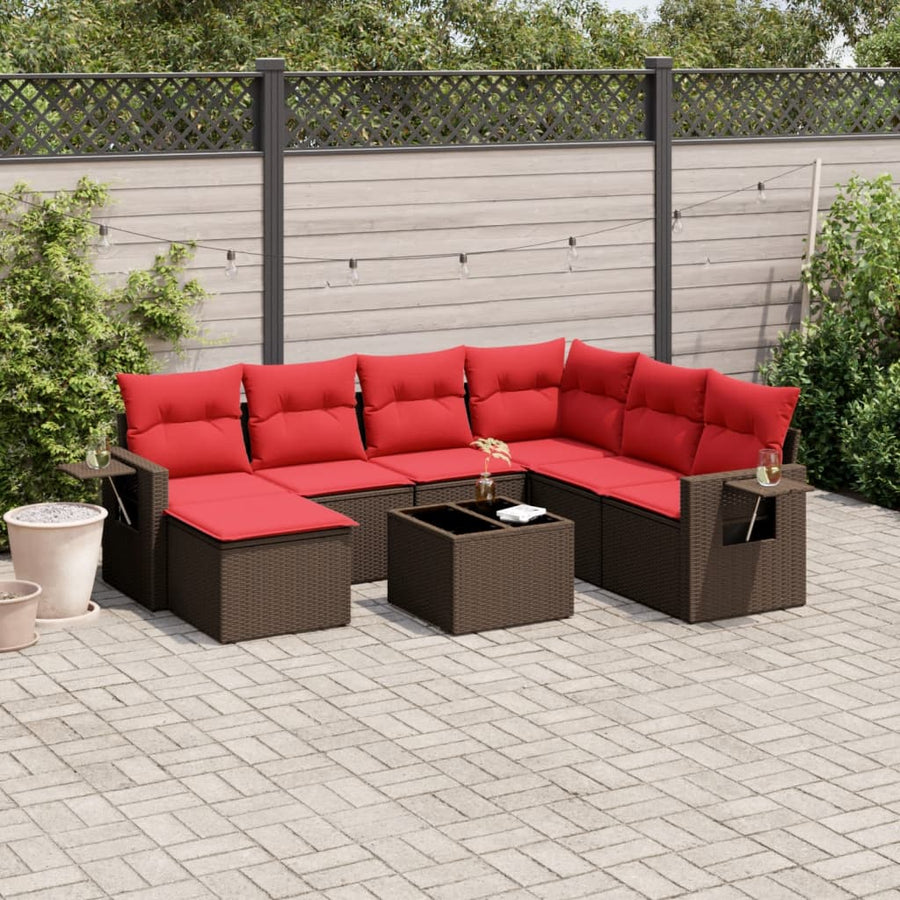 8-delige tuinbankset met kussens, bruin polyrotan